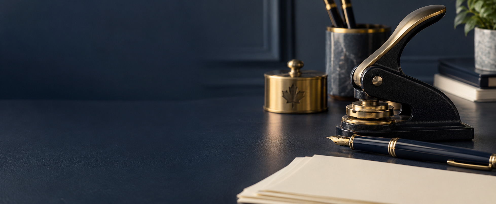 Professional notary seal and pen on a navy desk